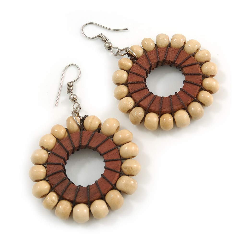 AvalayaNatural/Brown Wood Bead Hoop Earrings - 65mm Long