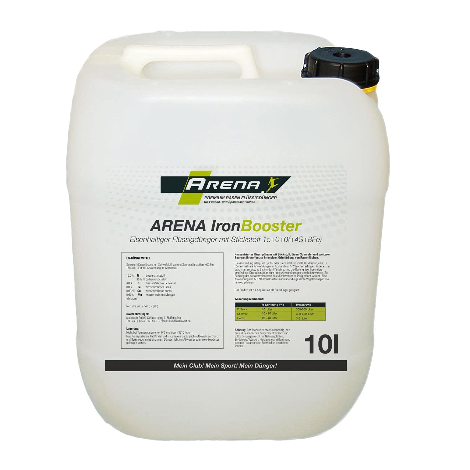 ARENA flüssiger Rasendünger Flüssigdünger mit Eisen zur Grünfärbung von Rasenflächen IronBooster 15+0+0(+4+8) 10L