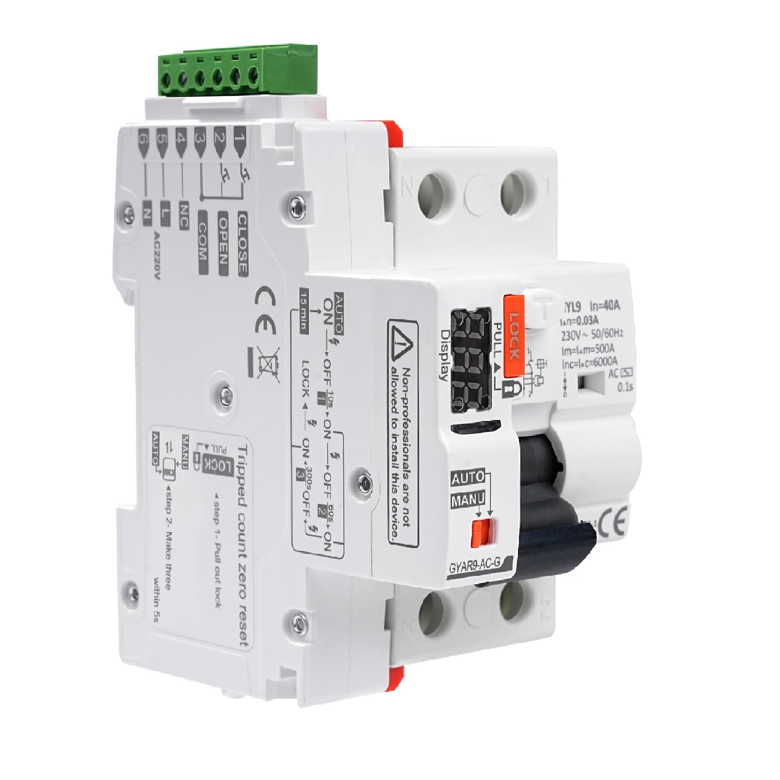 Salvavita Riarmo Automatico con display a LED,40A 30mA 2P AC230V Interruttore Differenziale a Riarmo Automatico Salvavita Autoriarmante RCCB (30mA Type AC)