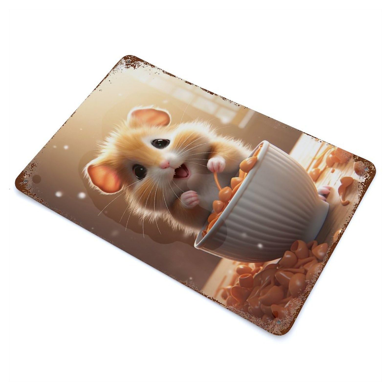 Cute Hamster Eating Aged Metal Wall Plaque 11.8"x7.9", Industrial Home Decor for Pub, Kitchen And Man Cave Decor