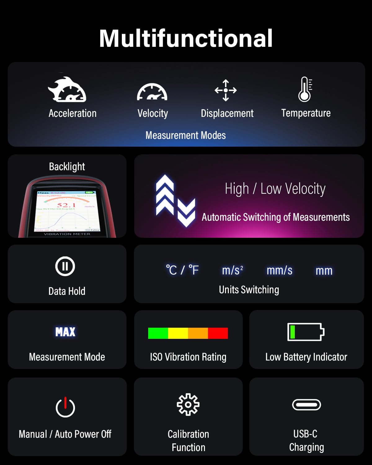 Vibrómetro Wintact WT633B, análisis de vibración mecánica, aceleración, velocidad, desplazamiento, temperatura