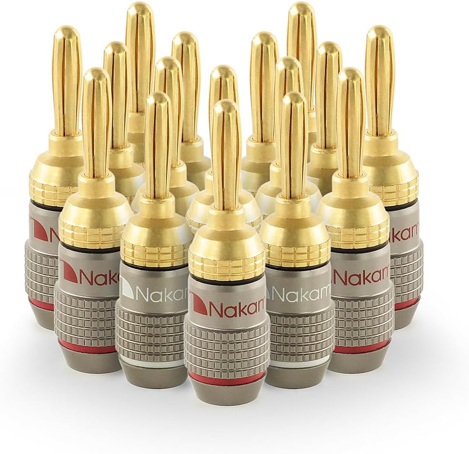 Nakamichi FanLock Excel Series 24k Gold Plated Banana Plugs 10 AWG - 18 AWG Gauge Size 4mm for Speakers Amplifier Hi-Fi Stereo Home Theatre Radio Audio Wire Cable Quick Connector, 16 Pcs (8-Pairs)