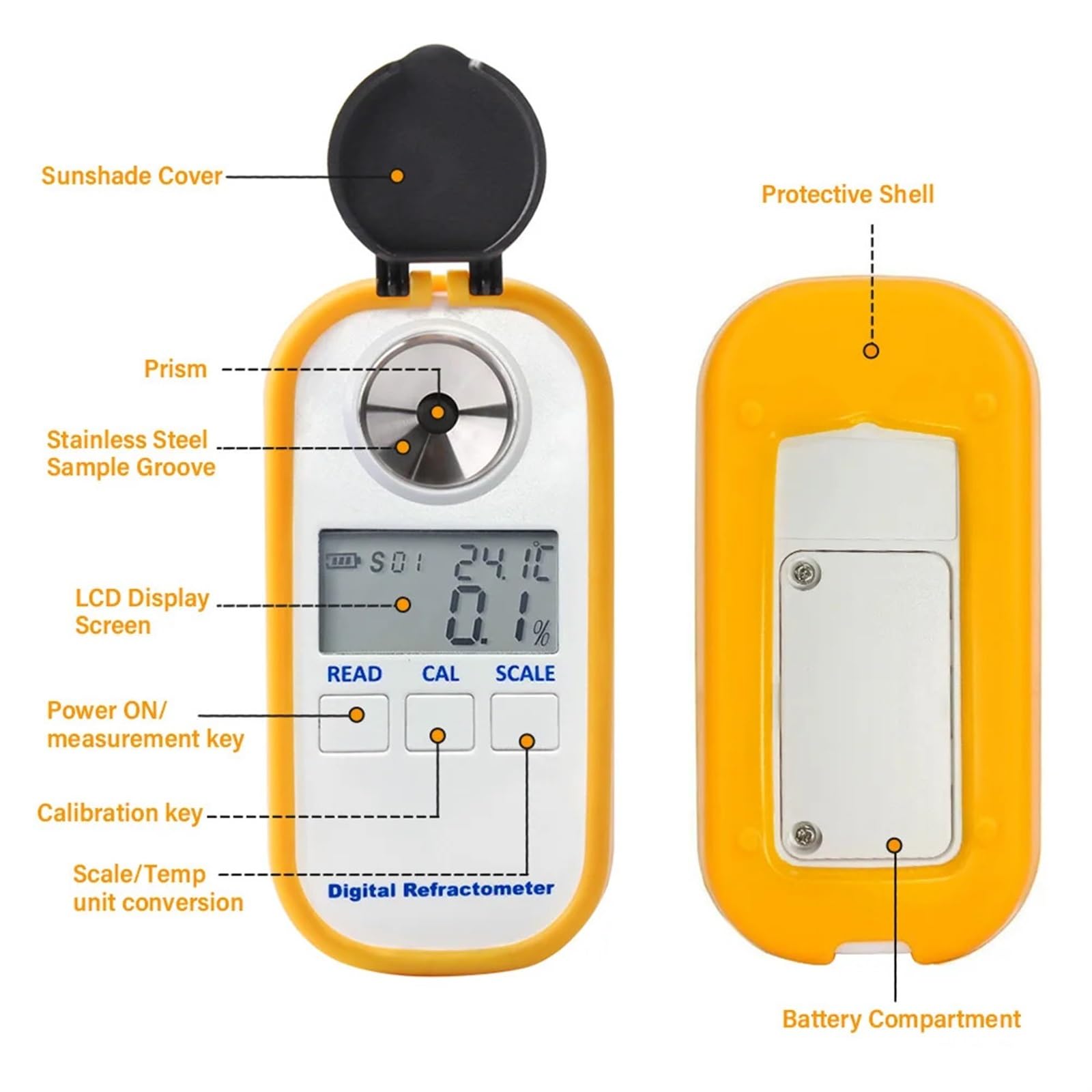 Refraktometer, 3-in-1 Digitaler Honigrefraktometer 0-90% Brix 5,0% ~ 38,0% Feuchtigkeit 33,0~48,0 Baume Ahornsirup Melasse Malz Imkereibedarf