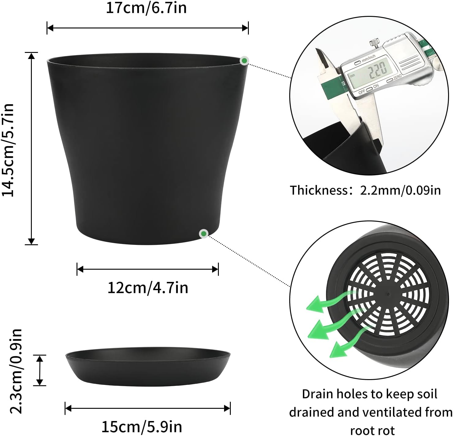KINGLAKE 8Pcs 17cm Black Plant Pots Plastic Large Flower Pots with Pallet/Trays for Indoor Outdoor Office House Desk - Image 3
