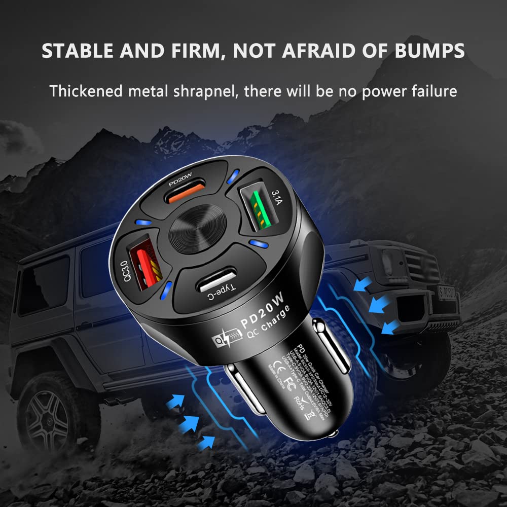 Kfz-Ladegerät-Adapter, 4 Anschlüsse, USB-Schnellladegerät, QC3.0/PD20W/Type-c/2.1A, Smart Shunt Auto-Ladegerät, kompatibel mit iPhone 14 13 12 Pro Max/alle Smartphones (schwarz)