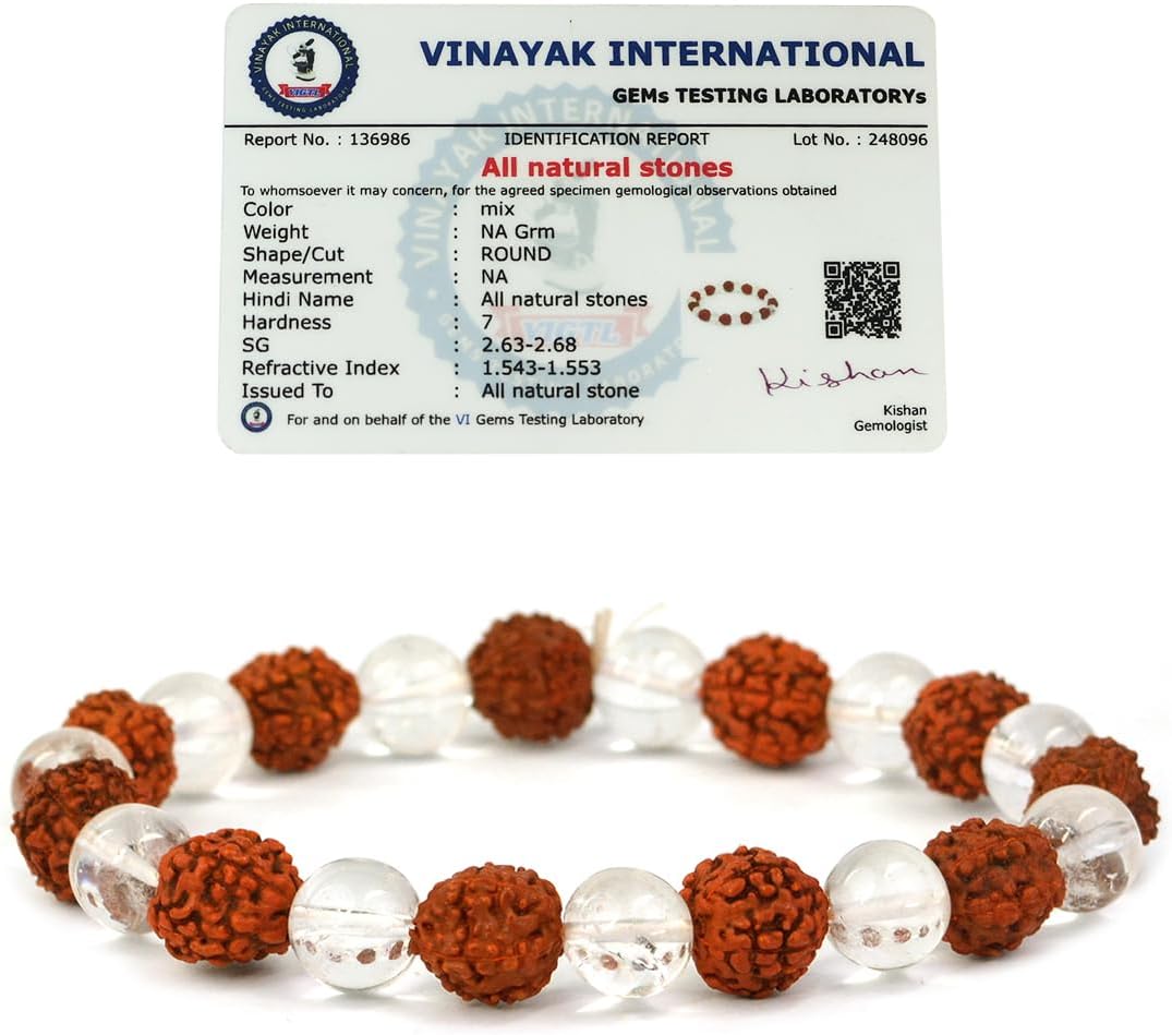 Natural Certified Rudraksha with Clear Quartz (Sphatik) Bracelet Diamond Cut 10 mm Beads Charged By Reiki Grand Master & Vastu Expert