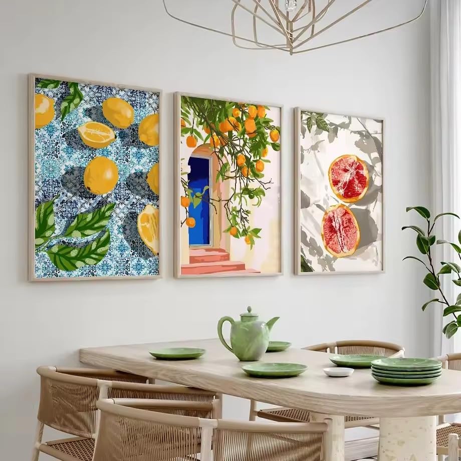 Affiches impressions sur toile illustrations abstraites citronniers fleurs 3x 80x120