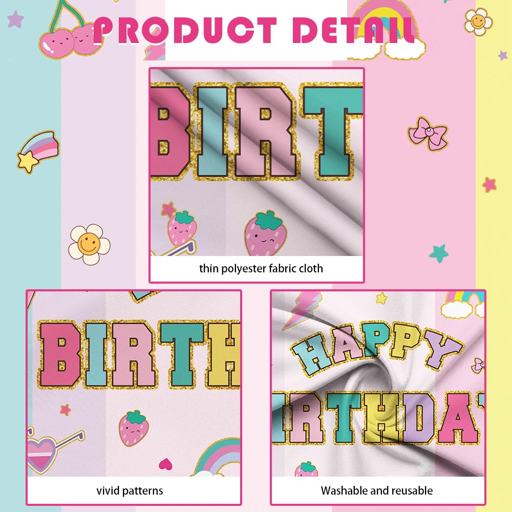 MEHOFOND Geburtstags-Hintergrund „Preppy Happy Birthday“ – 2,4x1,8 M, Regenbogen & Smileys, Für Mädchen-Party
