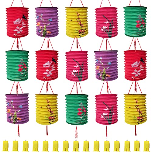 15Pack Chinese Japanese Hanging Paper Lanterns with LED Lights Colorful Asian Flower Bird Lanterns Festival Decoration for Chinese Middle Autumn Festival Oriental Party Wedding