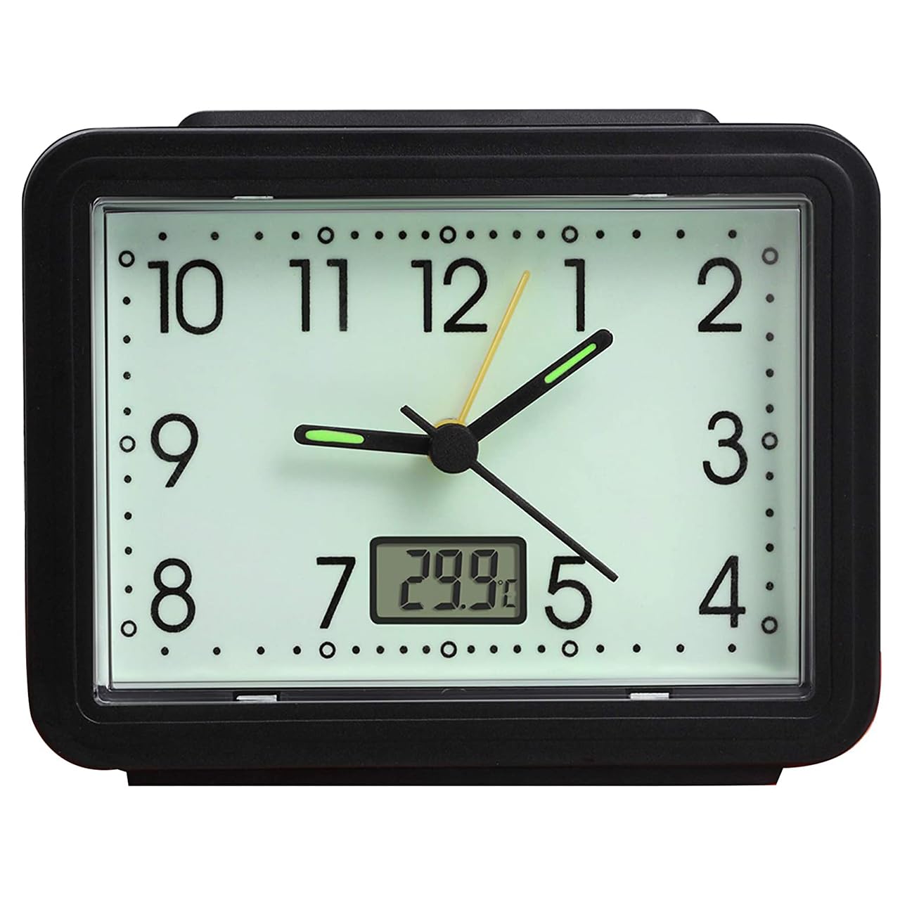 Set of 2 GID Alarm Clocks with Temperature Reading – Battery Powered Large Easy To Read Analogue Clock for Desk or Bedside Table with Thermometer & Glow In The Dark Face & Hands – H8.5 x W11 x D4.5cm