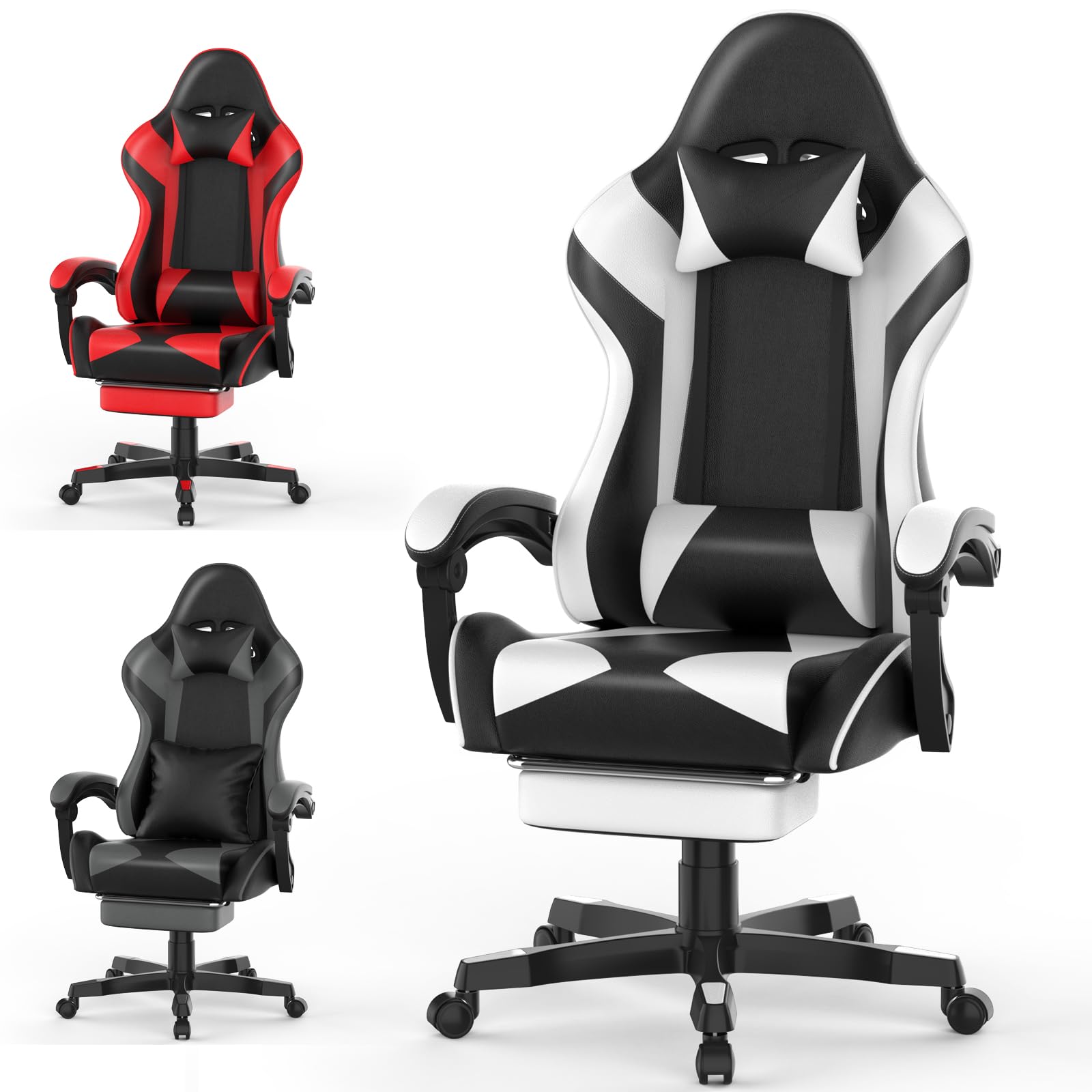 Ferghana Sedia Gaming Ergonómica con Soporte Lumbar Masaje，Silla Gamer con Cuir PU Respirante，Reposacabeza y Reposapiés, Reclinabile 90°-135°，Silla de Oficina，Professionale Racing Silla Gamer，Blanco
