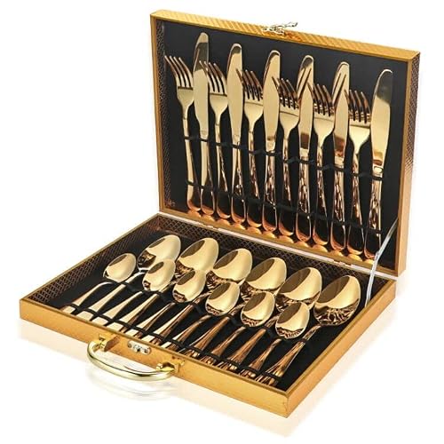 LAIION 24-Piece Golden Flatware Silverware Set,18/10 Heavy Duty Stainless Steel Flatware Service for 6,Cutlery Include Knife/Fork/Spoon/Coffee Spoon,Mirror Polished, Dishwasher Safety