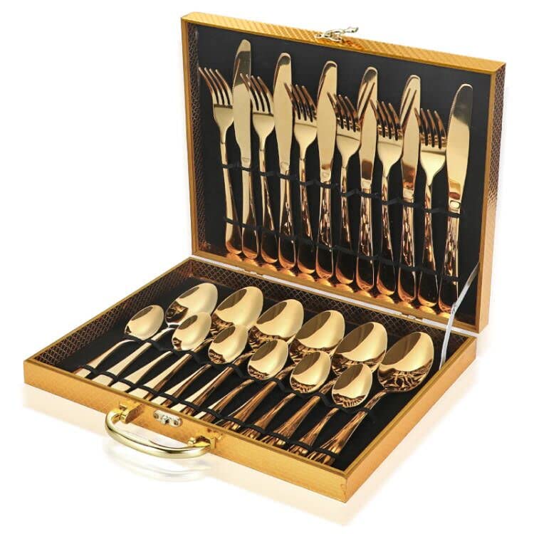 LAIION 24-Piece Golden Flatware Silverware Set,18/10 Heavy Duty Stainless Steel Flatware Service for 6,Cutlery Include Knife/Fork/Spoon/Coffee Spoon,Mirror Polished, Dishwasher Safety