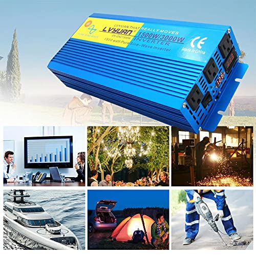 Cantonape 1500W Pure Sine Wave Inverter 12V to 110V/120V 3000W Peak Power Converter DC to AC with LCD Display, 3 AC Outlets for Car Boat Truck RV Solar Power