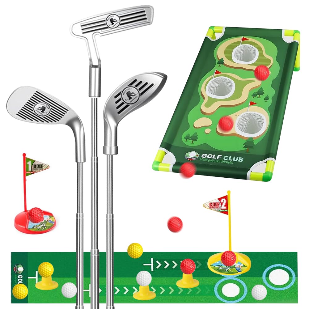 Kids Toy Golf Club Set, Toddler Golf Set with 3 Adjustable Golf Clubs, 9 Balls, Putting Mat, 3 Practice Holes, Golf Hole Borad, 3 Golf Tee, Kids Golf Garden Games for Boys Girls