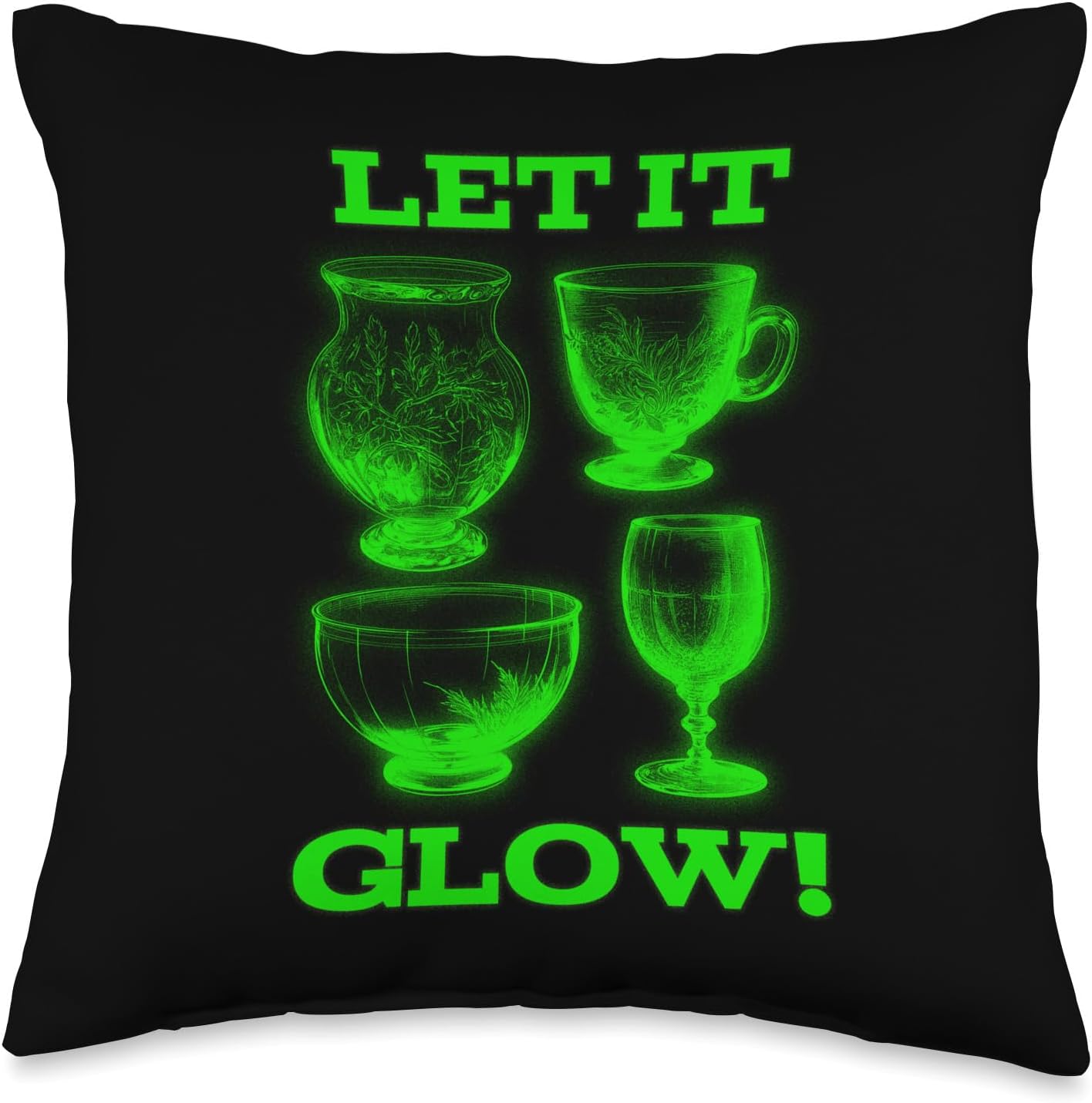 Let It Glow! Glowing Glassware Green Glowing Uranium Glass Throw Pillow