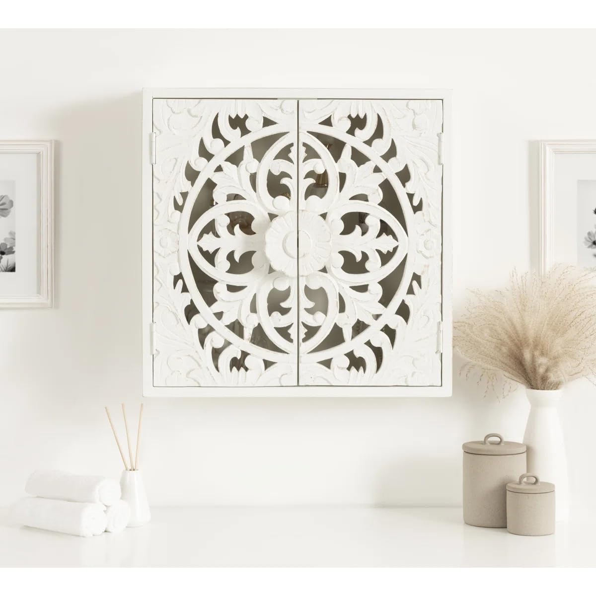 Hand Carved Wooden Wall Cabinet with Floral Mandala Design – Boho Rustic Wall Mounted Storage Cupboard for Living Room, Bedroom, Bathroom – Decorative Accent Cabinet (White/Natural) (Classic White)-image-24