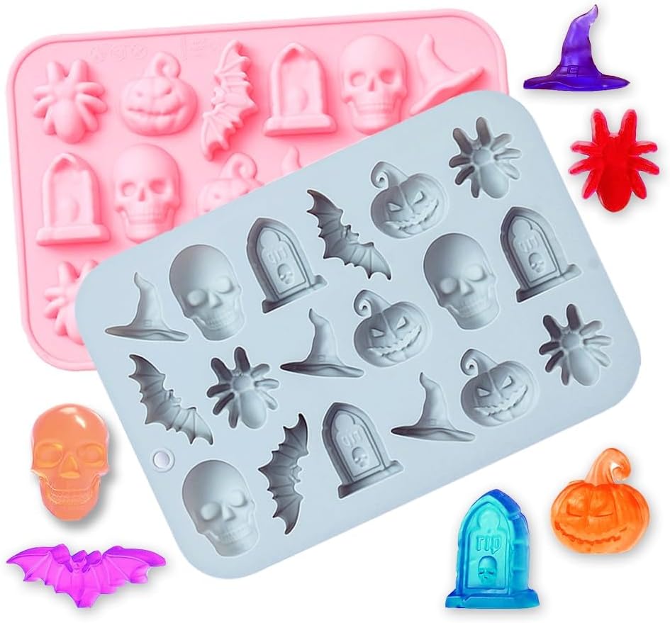 Miniatura 2 de Paquete de 2 moldes de chocolate para Halloween, calabaza, murciélago, calavera, tumba, araña, molde de silicona para chocolate, caramelos,