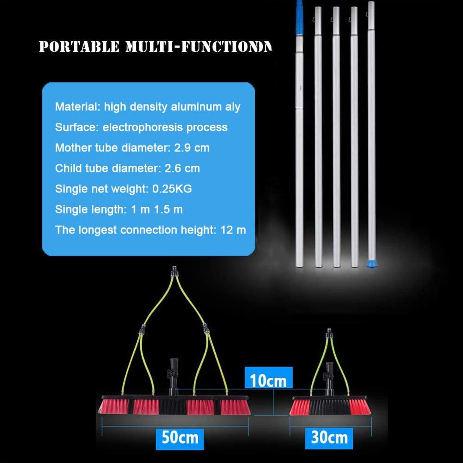 Confezione da 3 pali per la pulizia delle finestre da 12 m con sistema ad acqua/tubo flessibile per pannelli solari e tetti di serre, testa a spazzola da 50 cm, ad alta portata, facile da pulire