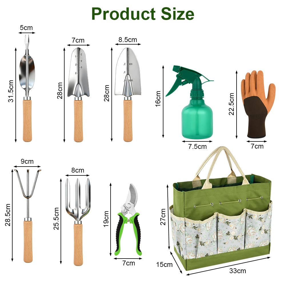 Set di Attrezzi da Giardinaggio, 9 Pezzi in Acciaio Inossidabile ad Uso Intensivo, Impugnatura Ergonomica Antiscivolo, Fori Appesi, Strumenti da Giardinaggio per Donne e Uomini, Verde
