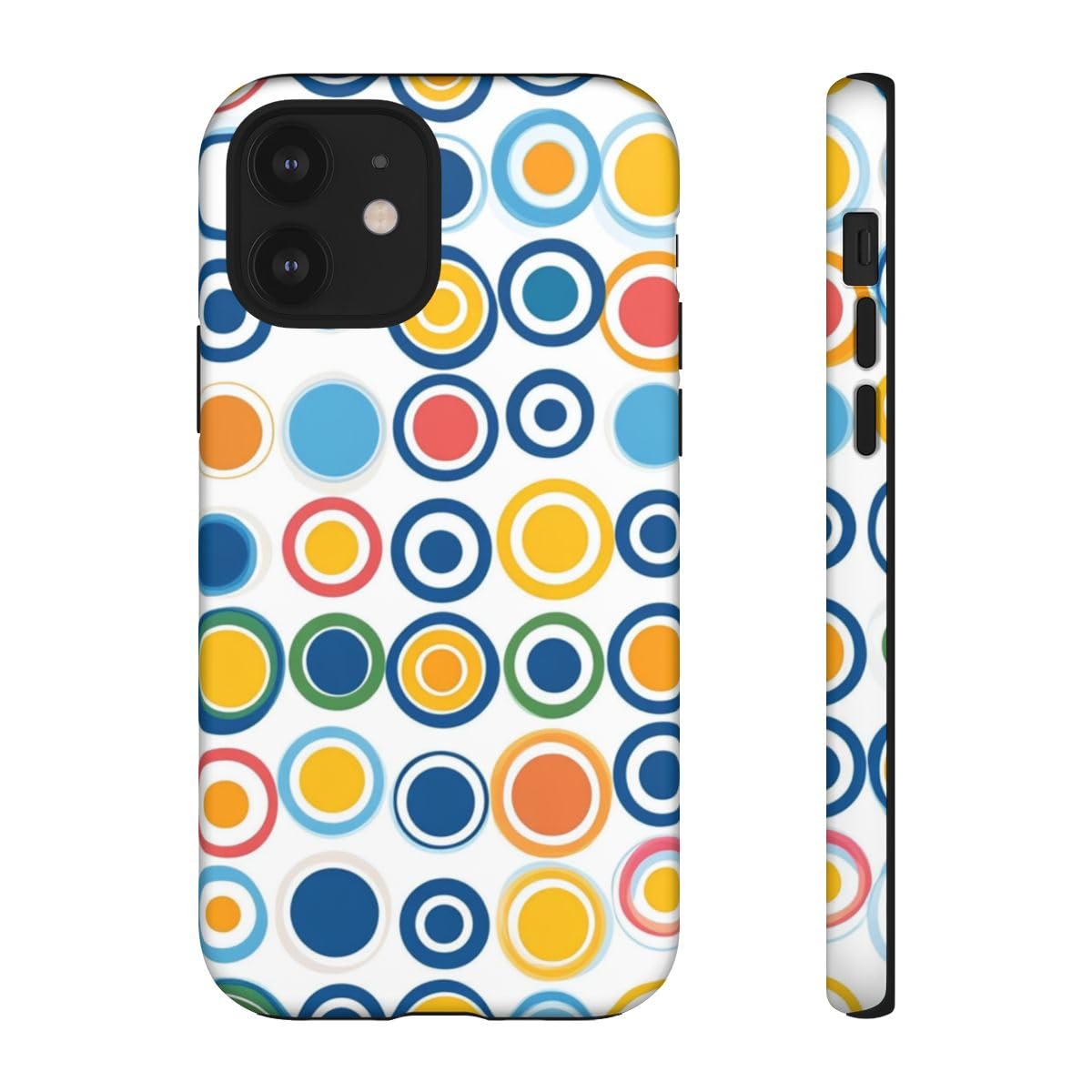 Coque rigide mate iPhone 12 bleu avec motif circulaire coloré original