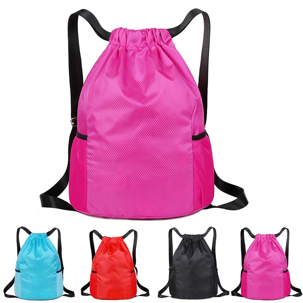 SoftcuteLee Drawstring Bags,Waterproof Swimming Bags Unisex Sports Backpacks, Large Drawstring Sackpacks Bags for School Gym Sports Travel Swimming (Rose Red)
