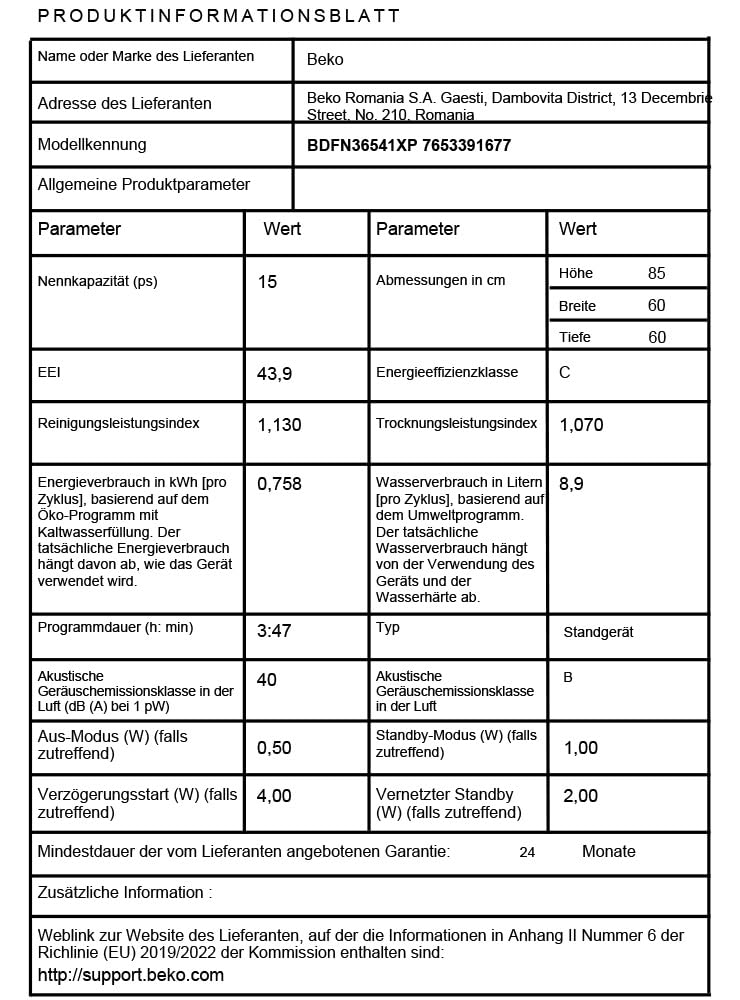 Beko BDFN36541XP Geschirrspüler 60 cm, freistehend und unterbaufähig, für 15 Maßgedecke, 6 Programme, 6 Zusatzfunktionen, 3 Spülebenen, PowerIntense, SilentWash, SelfDry, Edelstahl