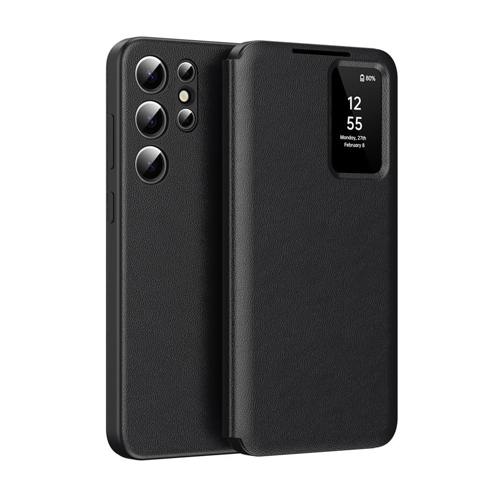 Flip Custodia per Samsung Galaxy S25 Ultra/S25 Plus/S25, Smart Specchio View Telefono Caso con Schede Slot Antiurto Pelle Copertura,Nero,S25 Ultra