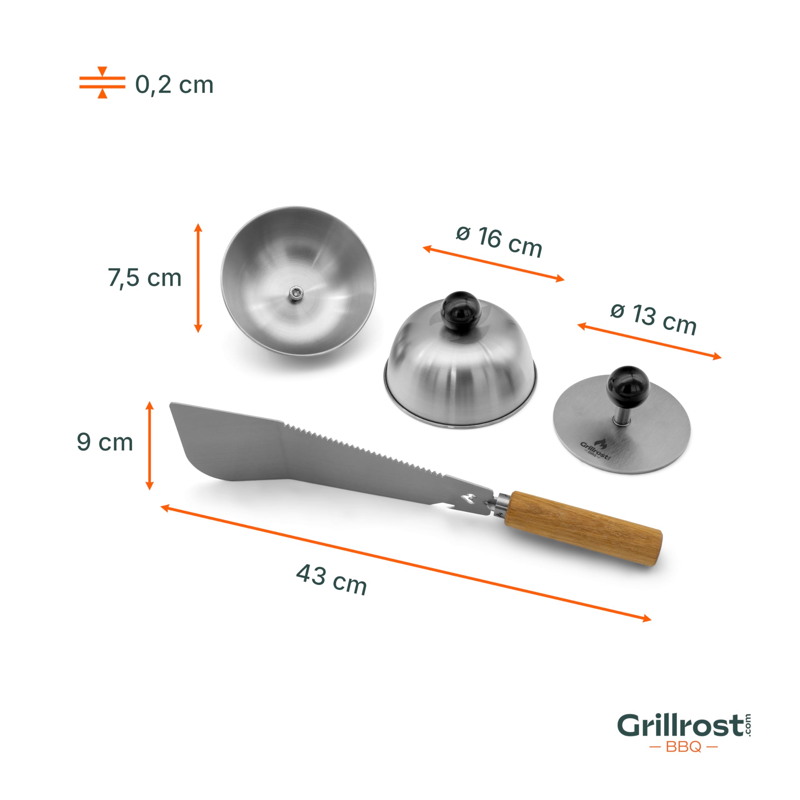 Grillrost.com Das Original Burger Set für perfekte Burger von Feuerplatte und Plancha - 1 Smasher | 1 Grillmachete | 2 Burgerglocken