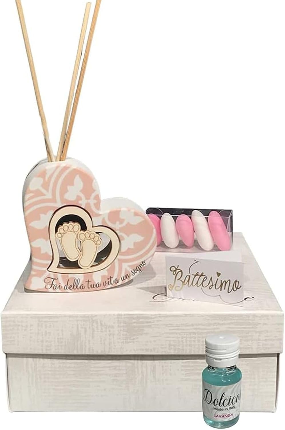 Regalami.Shop Set bomboniere Battesimo in Marmo di Carrara e Legno Naturale diffusore (4, Cuore r)