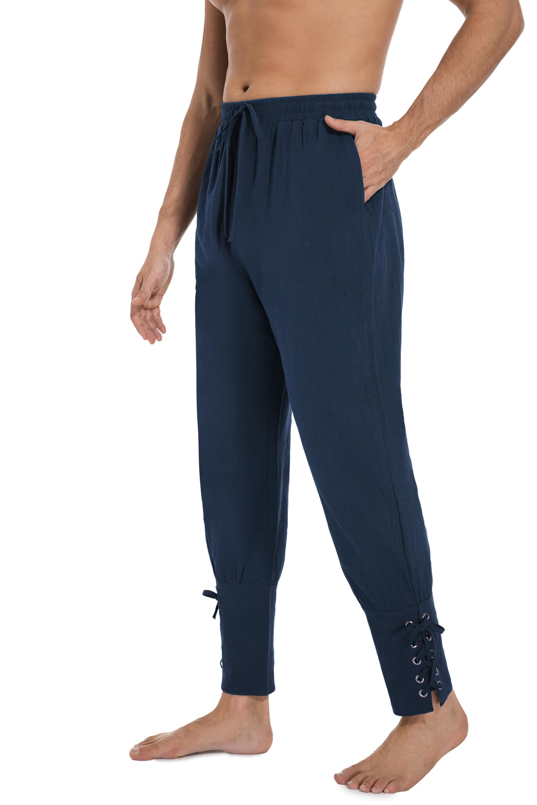 AIFARLD Mens Medieval Ankle Banded Pants Vintage Pirate Viking Cotton Lace Up Tapered Renaissance Costume Trousers