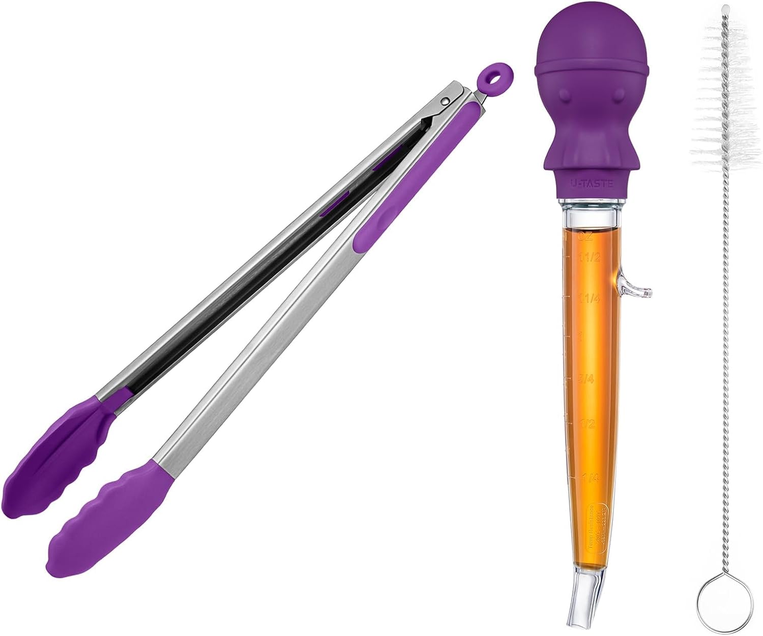 U-Taste 228.2℉ Heat Resistant BPA Free 1.5 oz Angled Turkey Baster, and 600℉ Heat Resistant 16in Kitchen Cooking Tong with Silicone Tip (Purple)