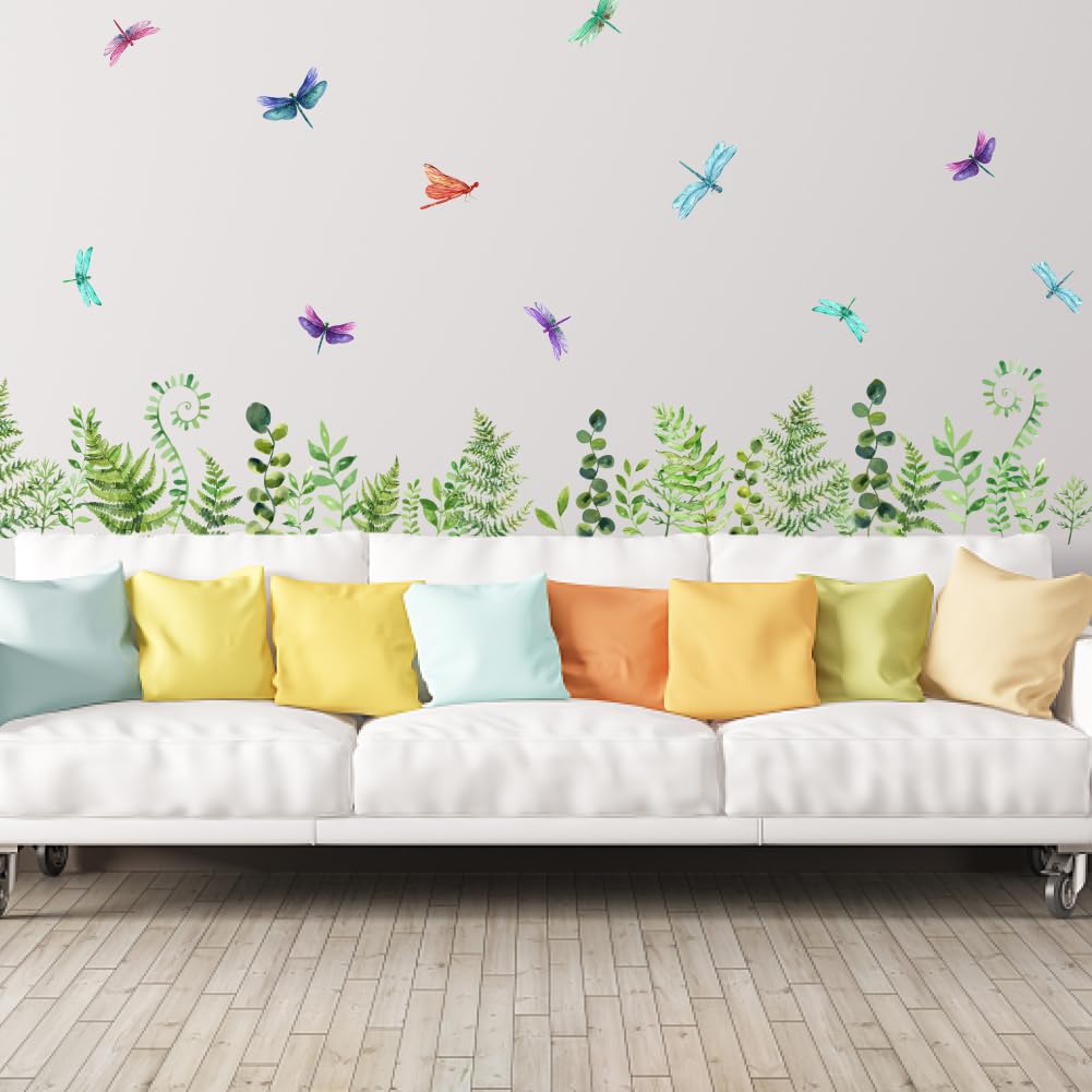 SUPERDANT Green Plants Fern Wall Decal Butterfly Plants Dragonfly Wall Sticker Peel and Stick DIY Nursery Kid's Room Bedroom Livingroom Wall Decor 98×32CM