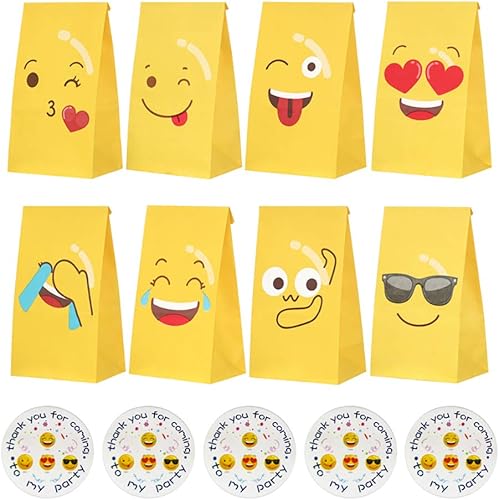 VstarOne 24 bolsas de dulces Emoticons bolsas de fiesta con calcomanías, 24 calcomanías, bolsa de papel kraft para bodas, nacimientos, decoraciones
