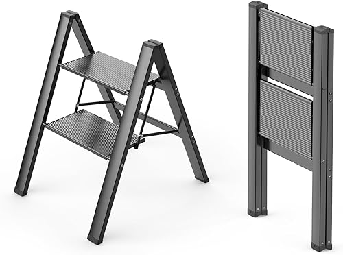 Miniatura 9 de Escalera plegable de 2 escalones, ligera, portátil, antideslizante, de aluminio para el hogar, oficina, biblioteca, 300 libras, color negro