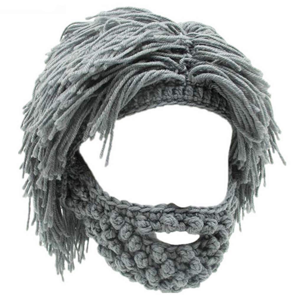 YEKEYI Wig Beard Hats Creative Barbarian Knit Wig Beanie Funny Knit Hat Beard Funny Party Beanies Ski Mask (gray)