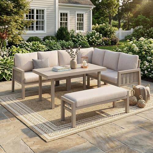 Sapgaks Ensemble de Salon de Jardin Exterieur pour 8 Personnes,canapé d'angle+Salle à Manger+des bancs,Fer galvanisé,Plateau en Verre, Corde en Maille PE...