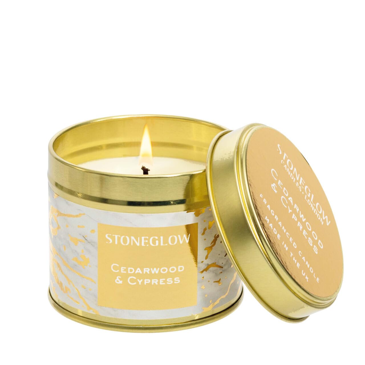 Stoneglow Luna Collection - Cedarwood & Cypress - Scented Candle Tin - White & Gold