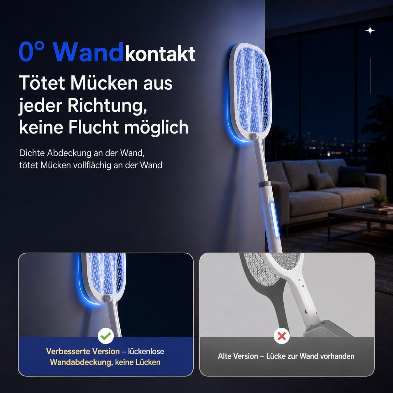 Elektrische Fliegenklatsche 5000V Extra Stark, Fliegenklatsche Elektrisch 2 in 1 mit UV-Licht, 2000mAh USB-C Akku Insektenvernichter, 180° klappbar mit 61–72 cm Teleskopgriff