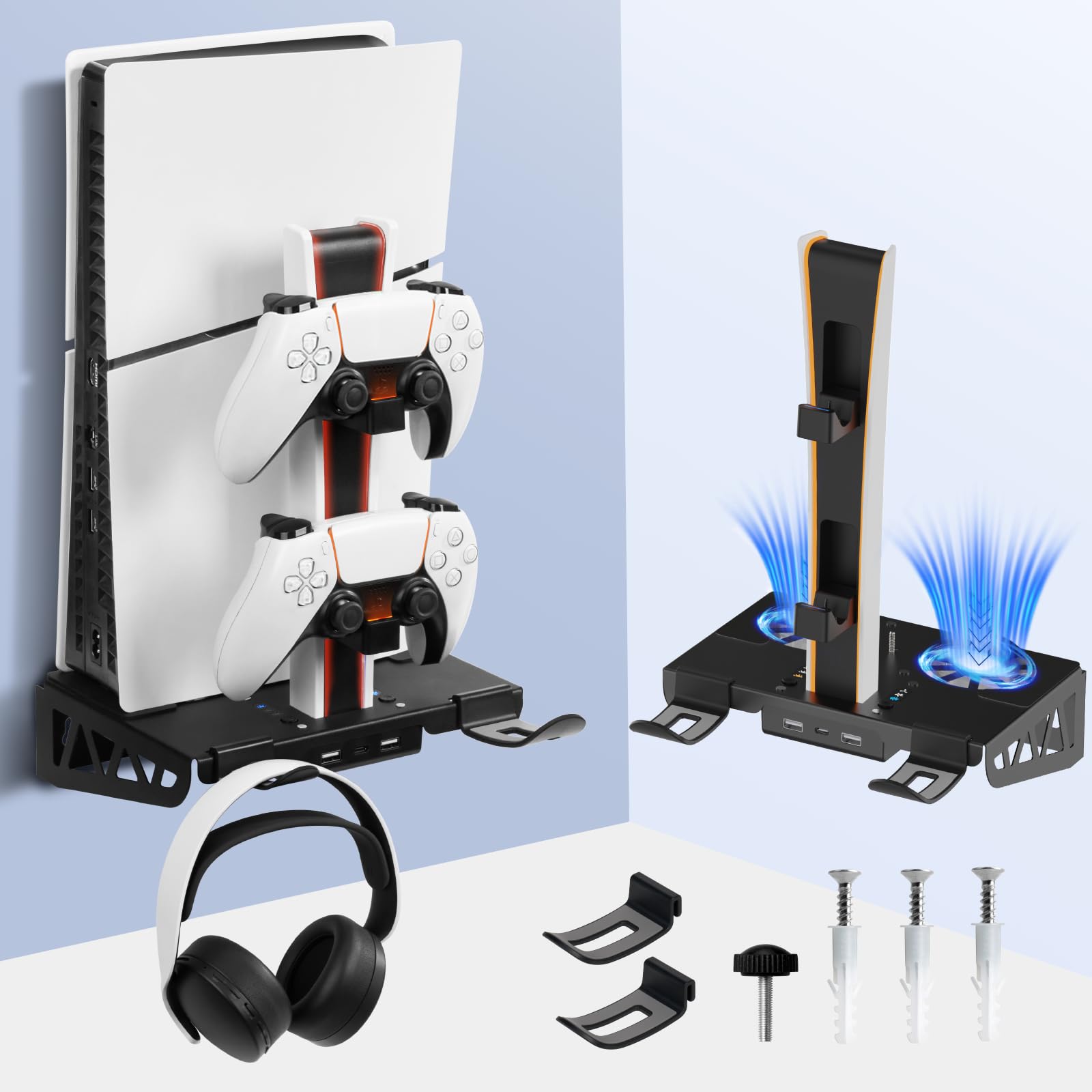 WishJazz PS5 Slim Pro Wall Mount Kit with Cooling Fan Charging Station PS5 Shelf Wall Mount Accessories Steel