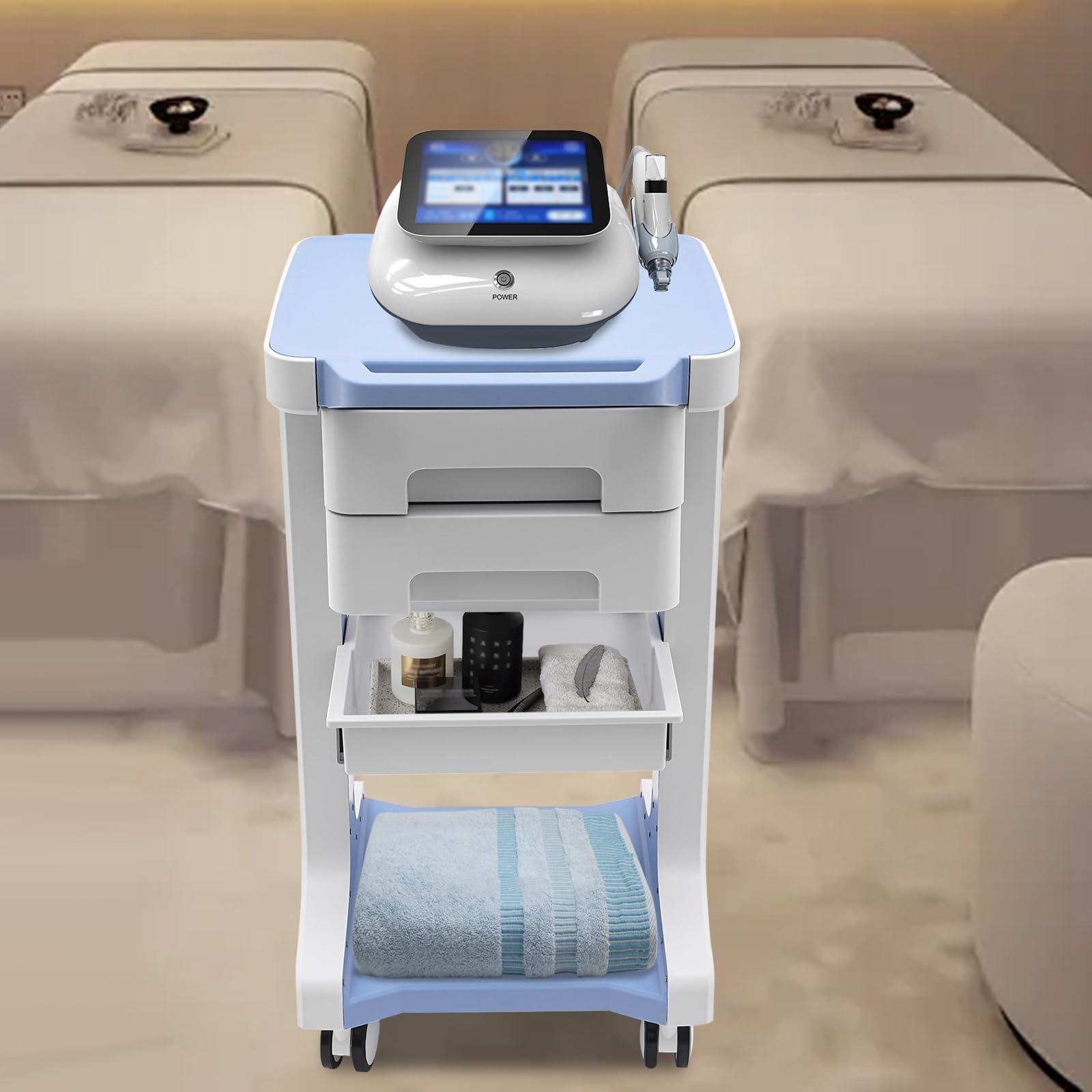 Carrito de 3 Niveles para Uso General, Carrito con Ruedas para salón de Belleza con 2 gabinetes de Almacenamiento y Ruedas, Carrito con Ruedas para Equipos médicos de Belleza(Blue)