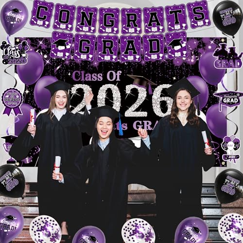 Image of DARUNAXY Black Purple Graduation Party Decorations, Purple Class of 2026 Graduation Banner, 2026 Congrats Grad Honeycomb Hanging Swirl Confetti Balloon Congratulations Graduates Party Supplies(25PC)