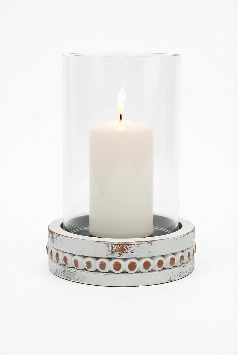 Hurricane Glass Candle Holder Rustic White Candle Holders for Pillar Candles, Vintage Decorative Wood Stand with Clear Glass Cover for Weddings Christmas Table Centerpiece Home Decor
