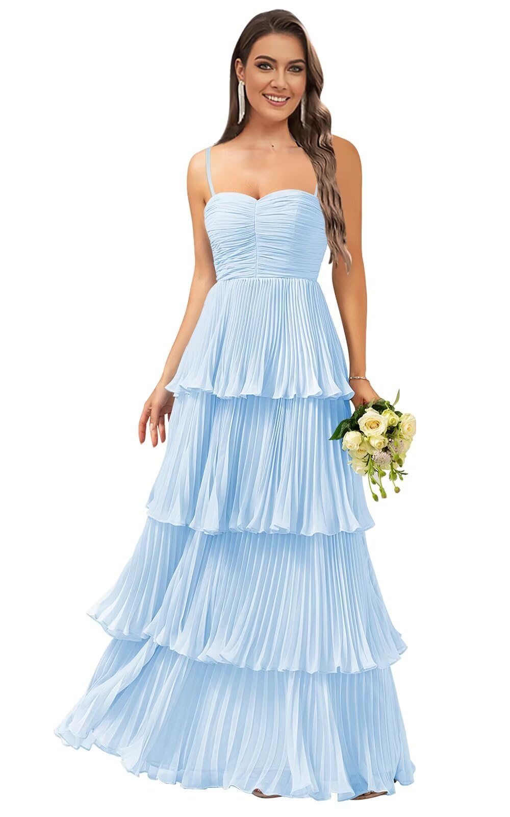Monvelli Women's Tiered Ruffle Bridesmaid Dresses Long Chiffon Spaghetti Straps Pleated Formal Prom Evening Party Gowns