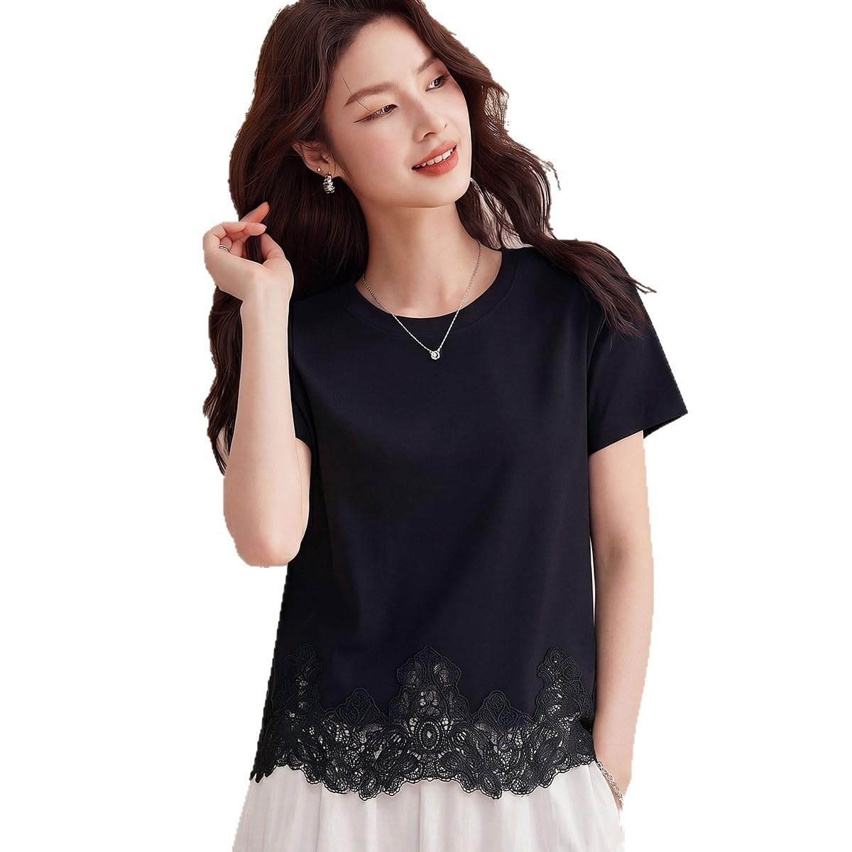 Top da donna girocollo in pizzo patchwork a maniche corte allentato