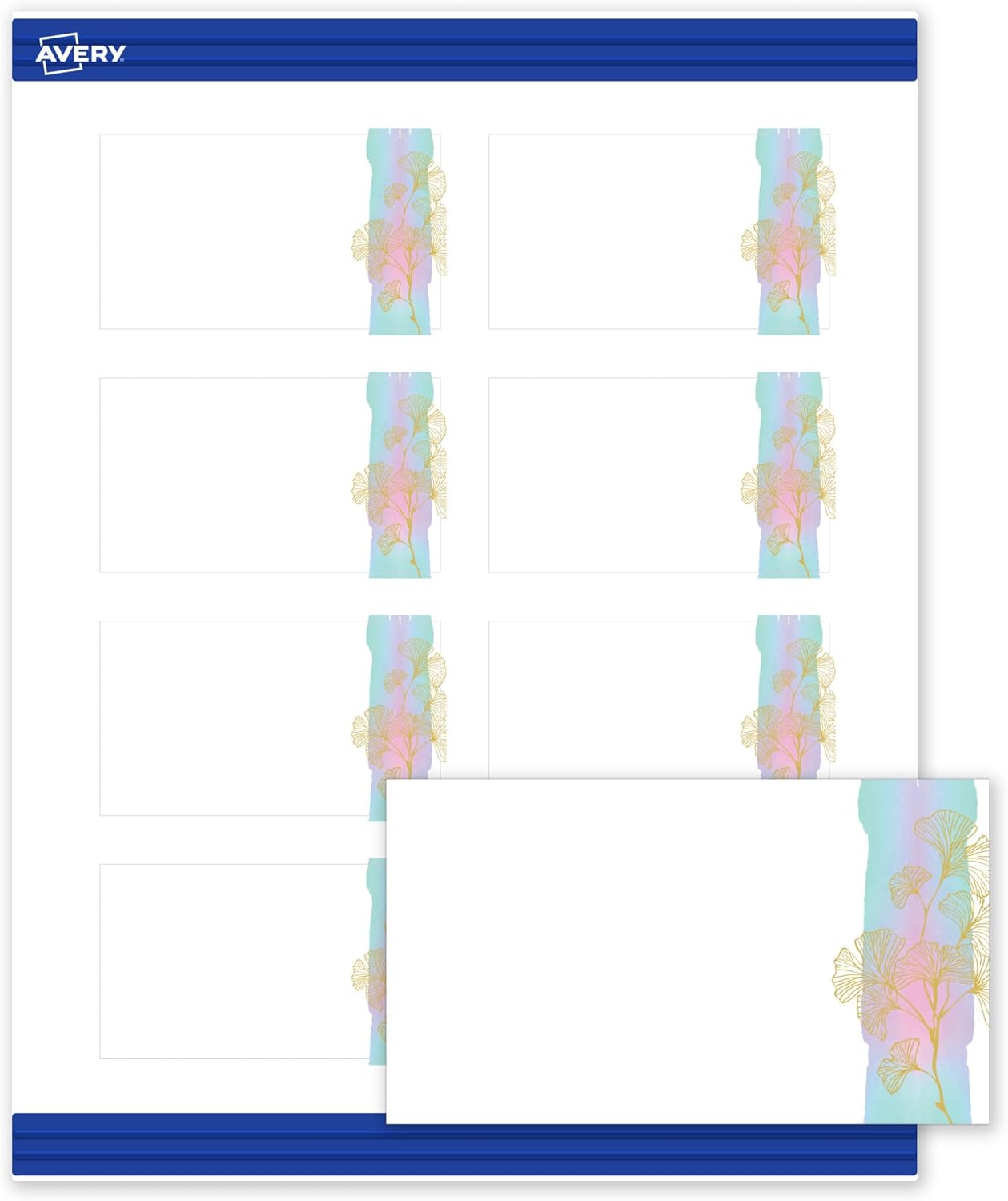 Avery Printable Rectangle Business Cards, 2" x 3.5", Matte White, Pre-printed Watercolors/Gold Ginkgo Leaves Design, Sure Feed Technology, Laser & Inkjet Compatible, 160 Total