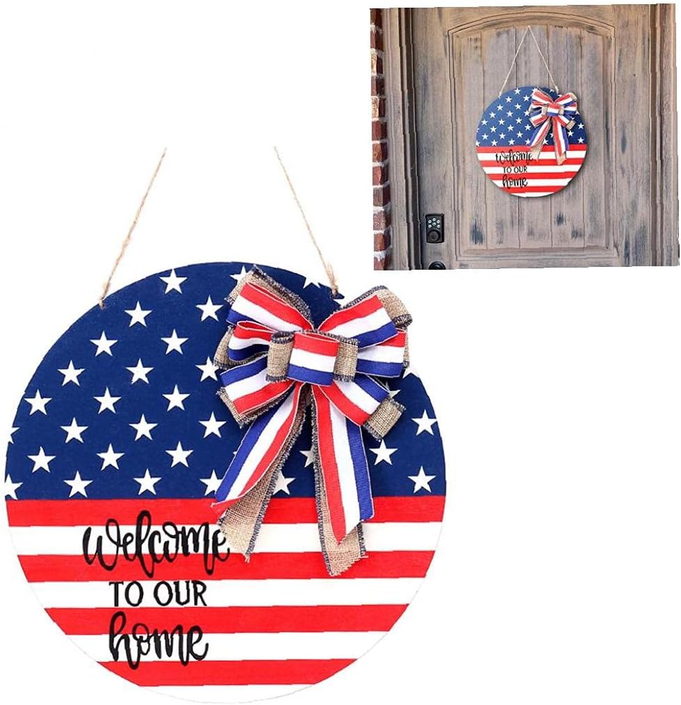 Hainice Front Door Hanging Plaque Welcome to Our Home Sign Farmhouse Wooden Round Plaque Independence Day Decor with Bow for Door, Entrance, Porch of Home : Office Products
