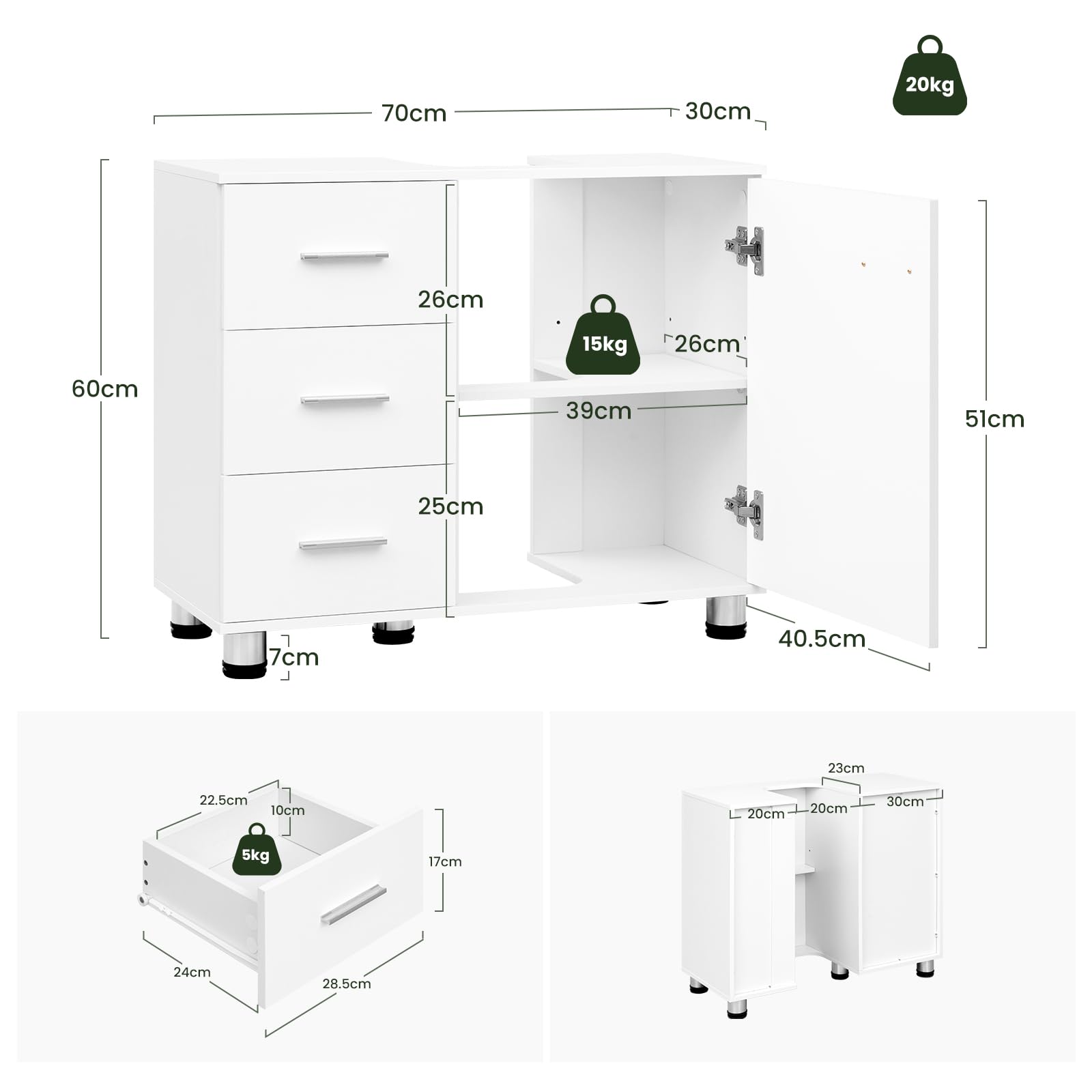 EUGAD Armario de Baño, Mueble Auxiliar Baño con 3 Cajones, Mueble Bajo Lavabo, Estante Ajustable, Blanco, 5 Patas Robustas, 70x60x30 cm