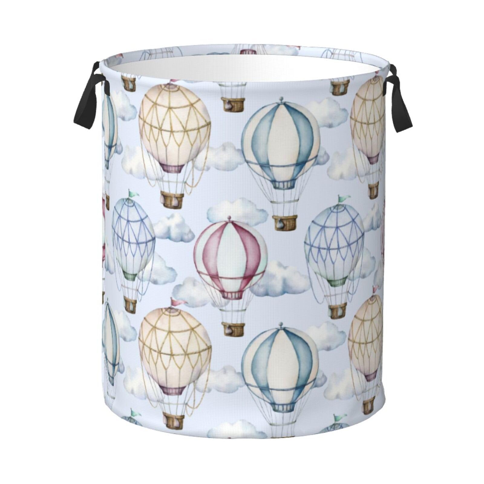 Jbofyee Watercolor Hot Air Balloons And Clouds Laundry Hamper Bag With Waterproof Liner - Round Laundry Basket Foldable Clothes Storage Organizer For Bathroom Bedroom Nursery Dorm, M-19.6"X 15.7"