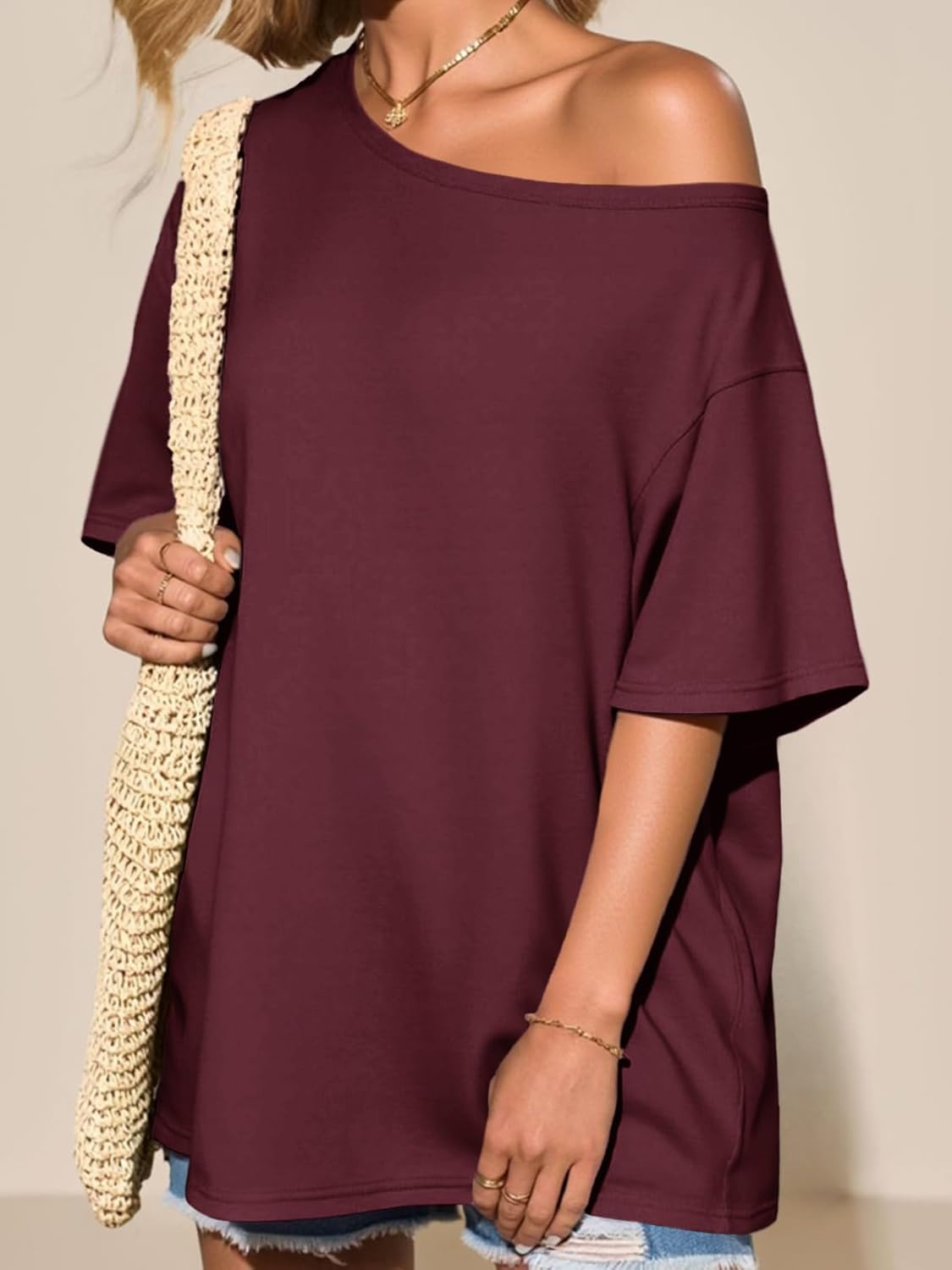 Tankaneo Womens Oversized Off The Shoulder T Shirt Cotton Short Sleeve Casual Tunic Tops Summer Loose Fit Flowy Tees - Image 4